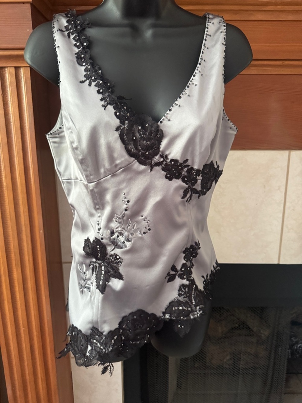 Silver Satin V-Neck Top with Black Lace Appliqué